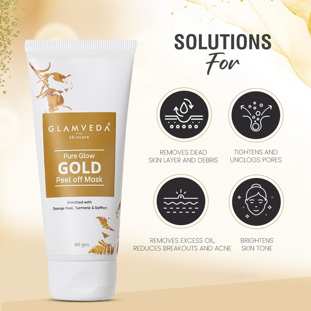 Glamveda Pure Glow Gold Peel Off Mask Enriched With Orange Peel | Anti-ageing & Deep Pore Cleansing | All Skin Types | 60g Pack of 1