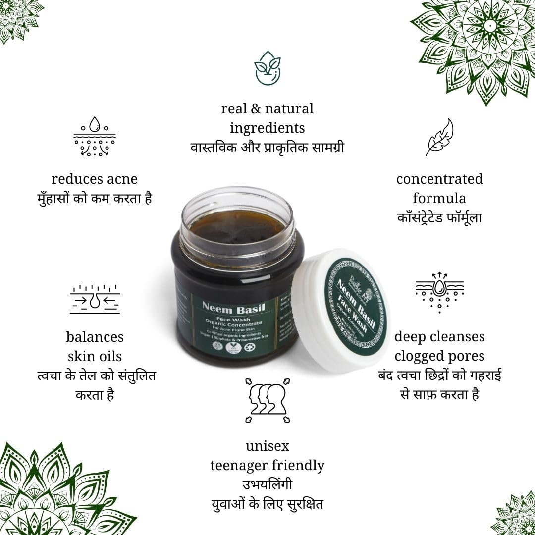 Rustic Art Organic Neem Basil Face Wash Concentrate | Anti acne, sulphate free cleanser for women & men | 125g