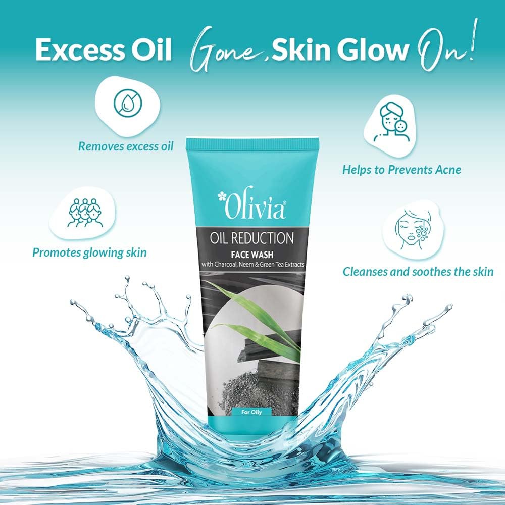 Olivia Oil Reduction Face Wash With Charcoal Neem And Green Tea Extracts | Face Wash For Oily, Sensitive & Normal Skin | Reduces Blemishes & Breakouts, Paraben Free - 100Ml