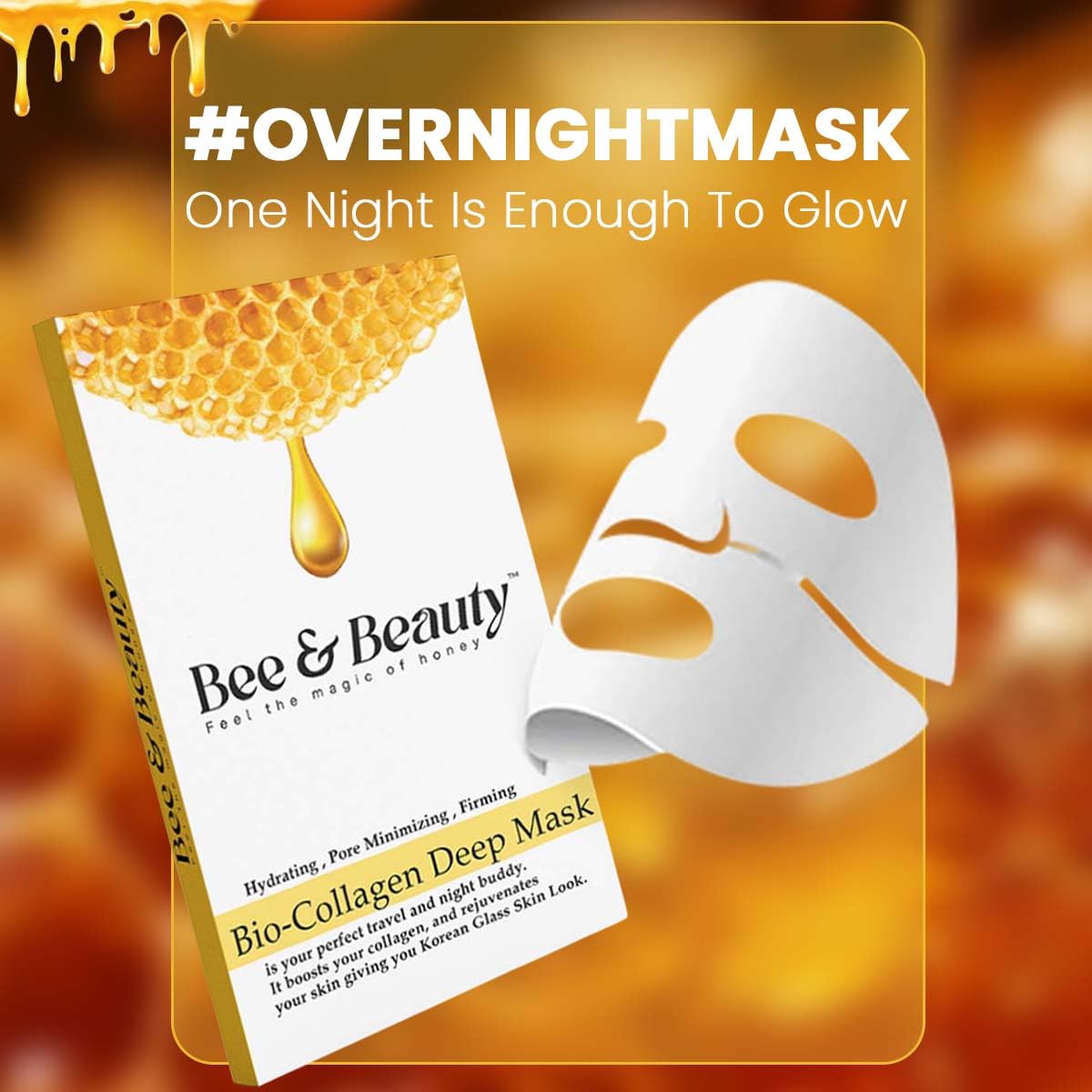 Bee & Beauty Bio Collagen Overnight Mask Pack of 4 | Korean Face Mask For Glass Skin | Sheet Mask For Deep Hydration, Pore minizmizing With Goodness Of Honey