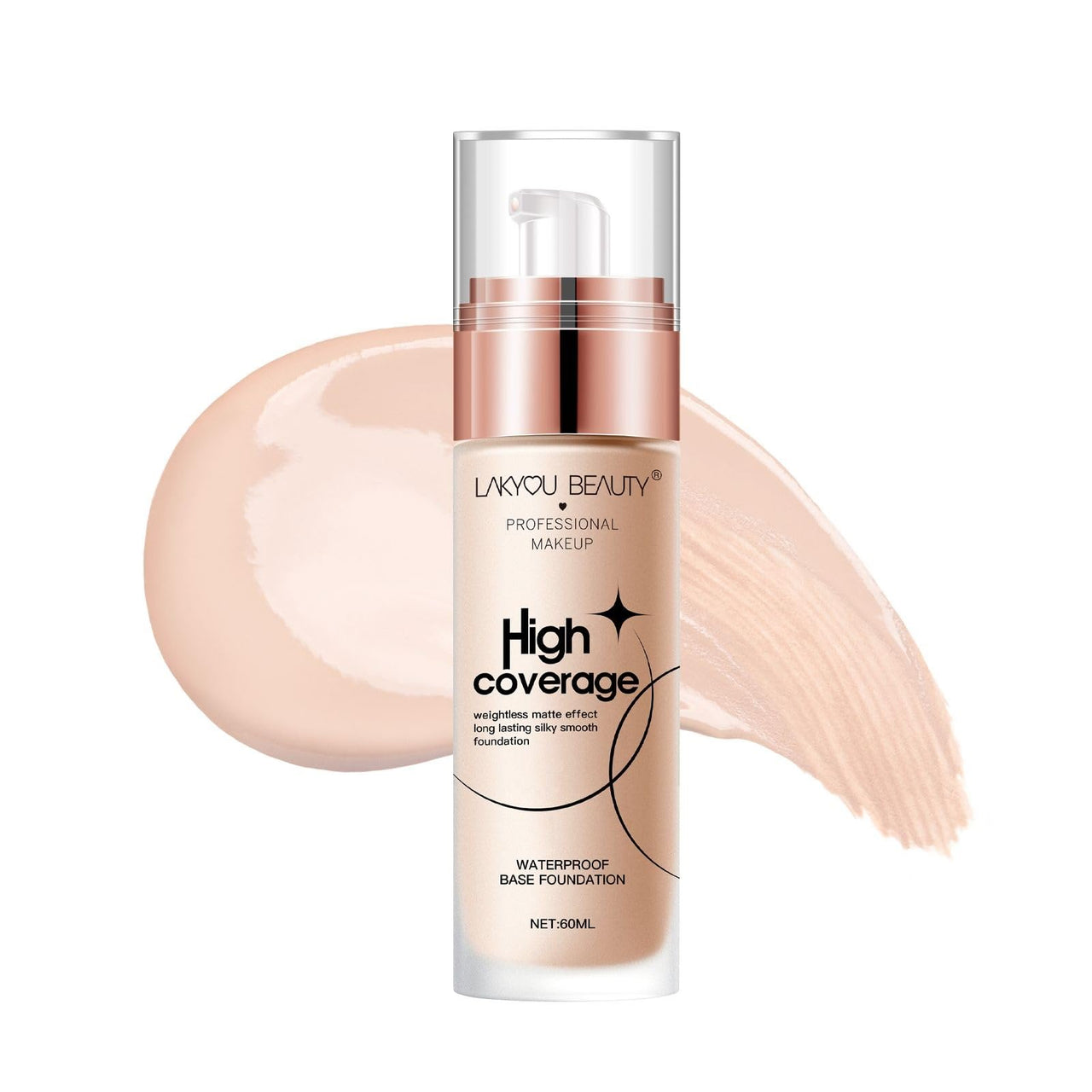 Lakyou Beauty High Coverage Foundation | Lightweight Waterproof Base Makeup | Weightless Matte Effect | Long-Lasting Silky Smooth Finish | 60ml (02(Soft Ivory), 60ml)