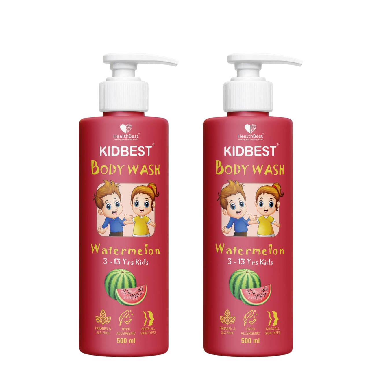 HealthBest Kidbest Bodywash for 3-13 Years Kids | Anti-Bacterial | Normal Skin, Sensitive Skin & Dry Skin | Tear, Paraben, SLS free | Watermelon Flavor | 500ml (Pack of 2)