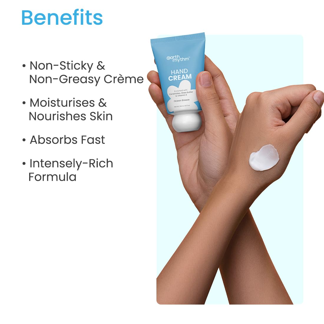 Earth Rhythm Hand Cream - Ocean Breeze for Dry & Rough Hand, Intense Moisturization Non Greasy , Fast Absorbing, Moisturizes, Enriched with Ceramides , Shea Butter, Cacao Seed Butter for Men & Women - 30ml