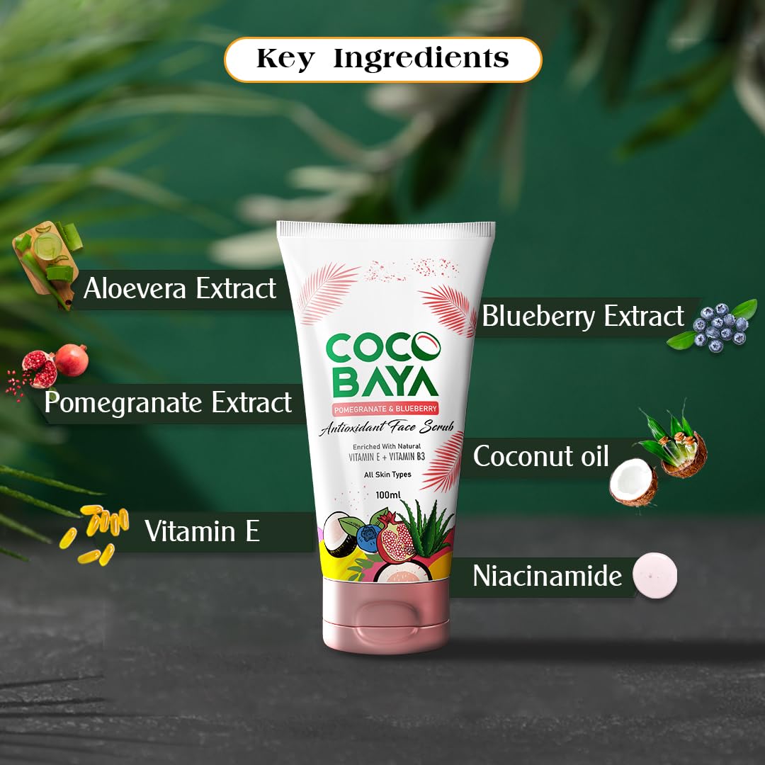 Coco Baya Antioxidant Face Scrub, Enriched With Pomegranate, Blueberry Extracts, Vitamin E & Vitamin B3, Suitable For All Skin Types, 100 Ml