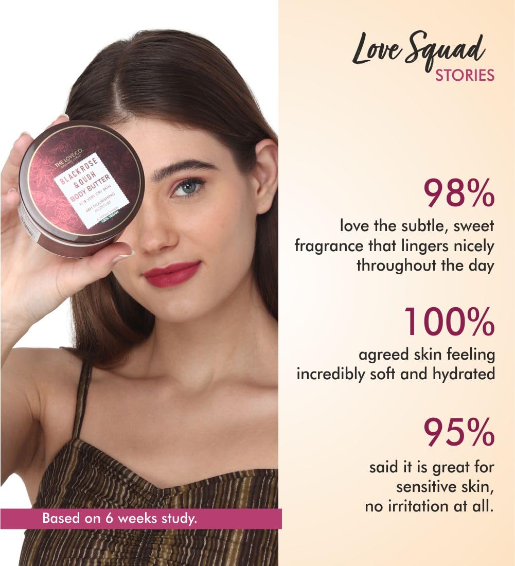 THE LOVE CO. Body Butter - 48-Hour Intense Hydration with Pure Shea Butter - Winter Deep Moisturizing Cream for Women - 200gm (200gm, Black Rose & Oud)