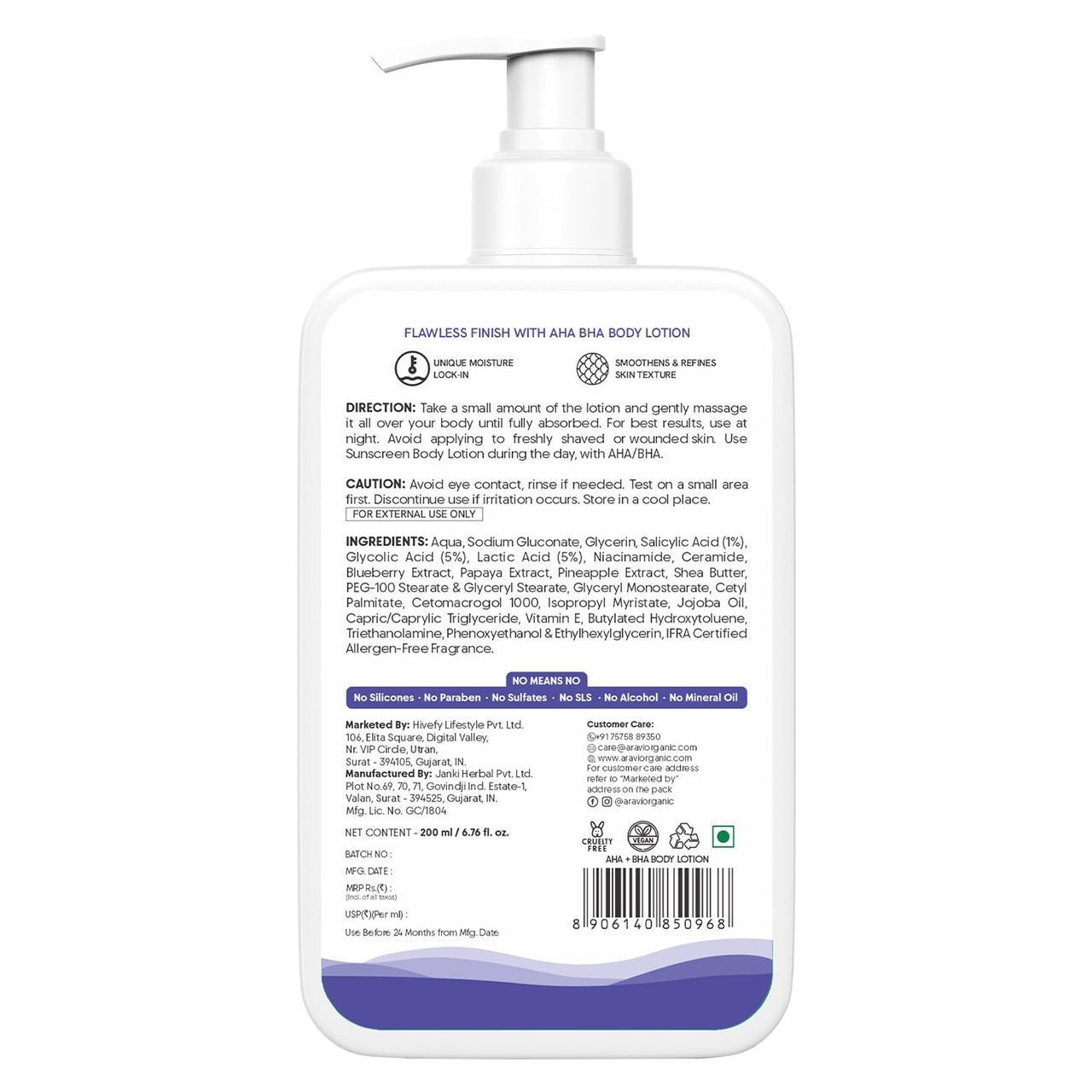 Aravi Organic 10% AHA + 1% BHA Body Lotion For Exfoliation - Treats Strawberry Legs & Bumpy Skin With Ceramide - Skin Britheninig Lotion With Niacinamide and Shea Butter - 200 ml