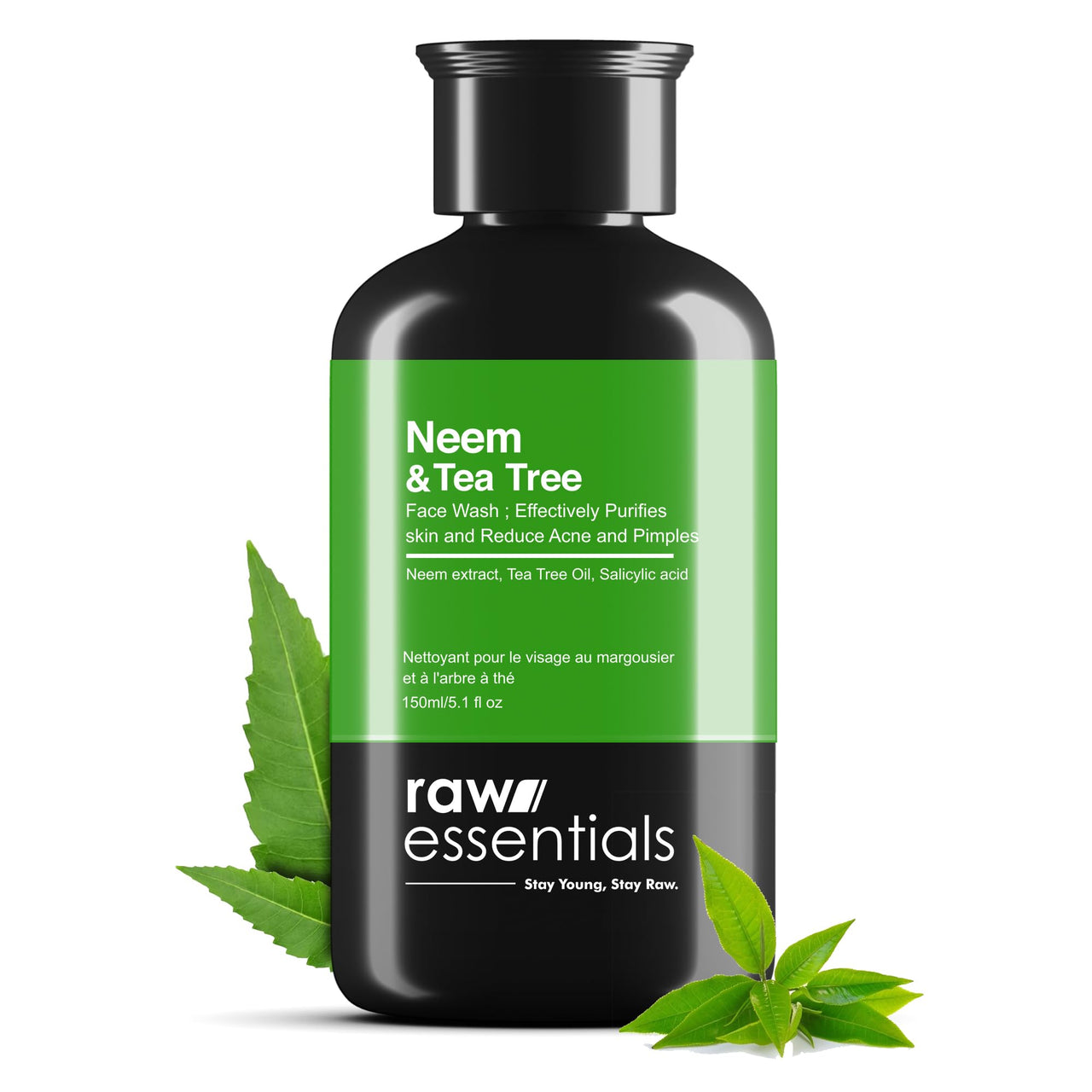 Raw Essentials Neem & Tea Tree Face Wash 150ml for Oily Skin & Acne, Fades Dark Spots, All Skin Types, Face Wash for Men & Women, 100% Natural Actives, Sulphate & Paraben Free