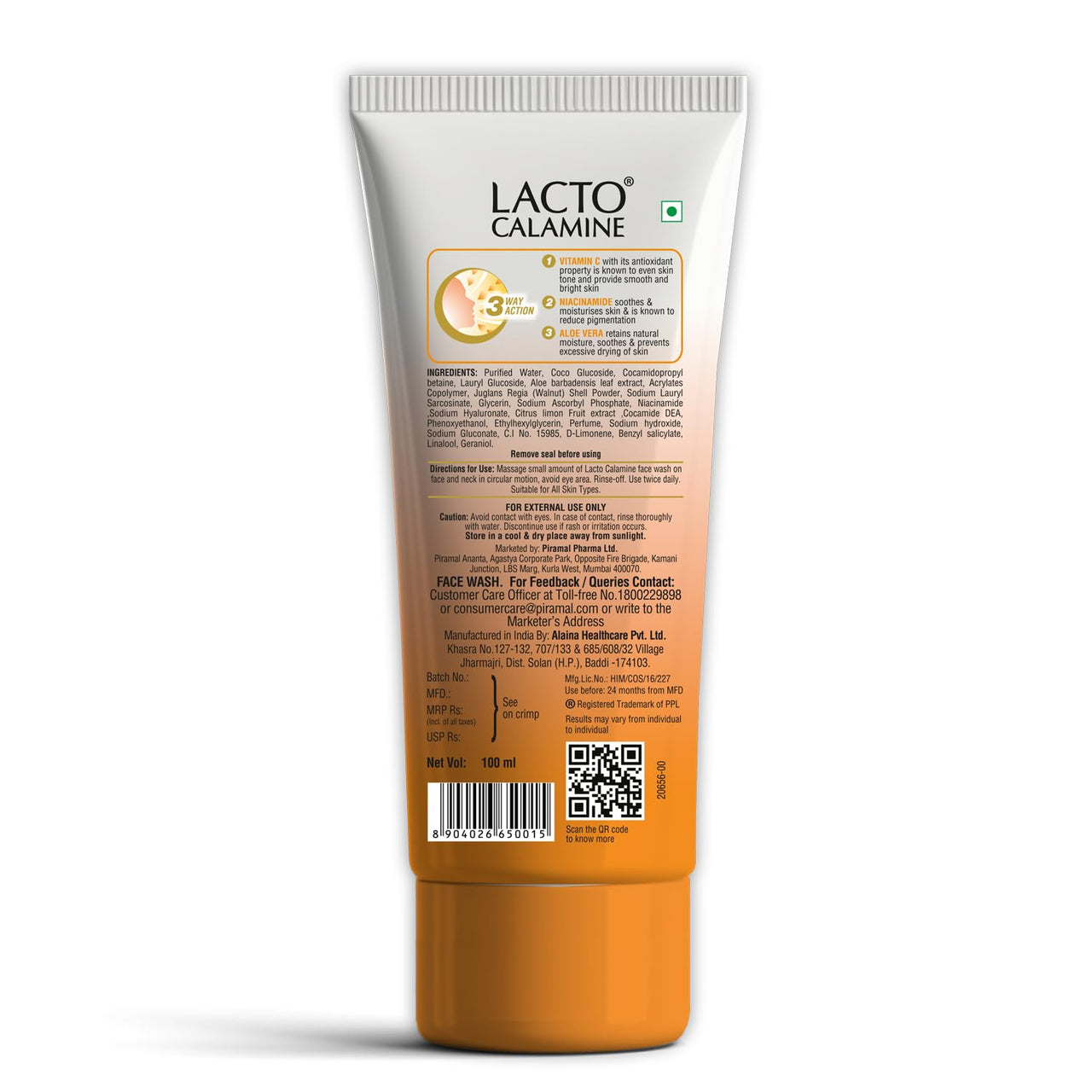Lacto Calamine Vitamin C Face Wash | Pack of 1 x 100ml | Aloe Vera & Niacinamide Face Wash for Glowing Skin | Facewash that Exfoliates Skin & Reduces Pigmentation | No Parabens, No Sulphates