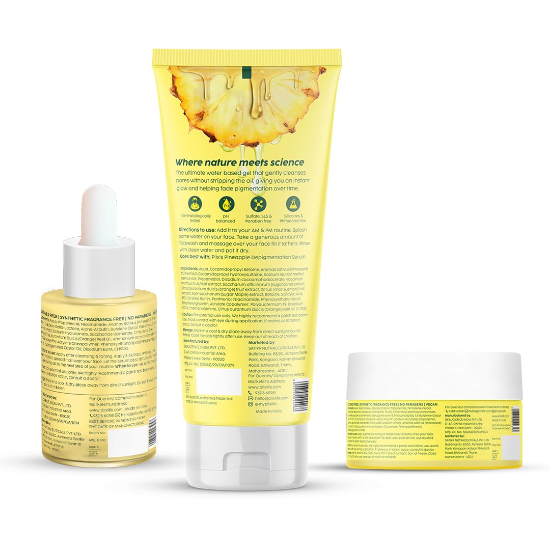 The Plant Fix Plix Pineapple Pigmentation Skincare Kit For Dark Spot Removal | Cleanser, Face Serum and Moisturizer Combo With 2% Alpha Arbutin For Women & Men, Pack of 3