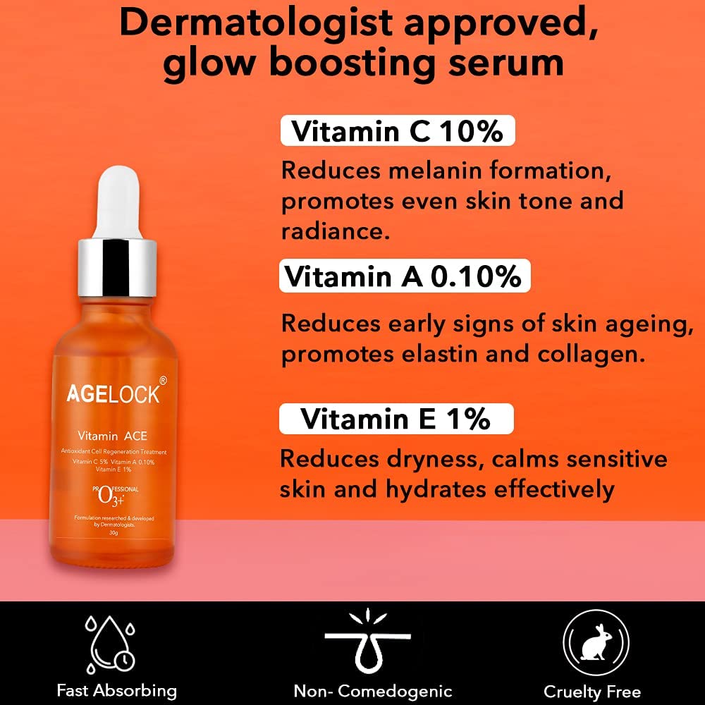 O3+ Agelock Brightening Booster Vitamin ACE Antioxidant Face Toner for Detanning, Fine Lines, Wrinkle Removal & Bright Skin, 30g
