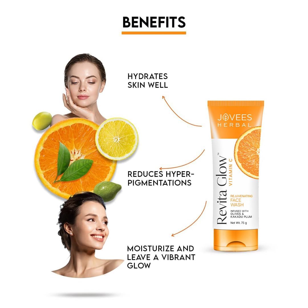 Jovees Herbal Revita Glow Vitamin C Face Wash For Glowing And Brightening Skin | Gentle Skin Hydrating & Rejuvenating Face Wash Cleanser with Kakadu Plum and Olives | For All Skin Types- 75g