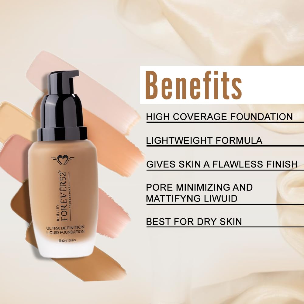 Daily Life Forever52 Ultra Definition Liquid Foundation|24-Hour Wear, Medium to High Coverage, Pore-Minimizing & Mattifying, Anti-Aging, Satin-Like Finish|Ideal for Dark Skin (Eclair,30ml)