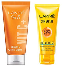 Lakmé 9To5 Vitamin C+ Night Cream for All Skin types with 98% Pure Vitamin C complex, to reduce Skin dullness and Glowing Skin, 50g & Lakmé Sun Expert SPF 50 PA+++ Light Weight Gel Sunscreen, 50 g