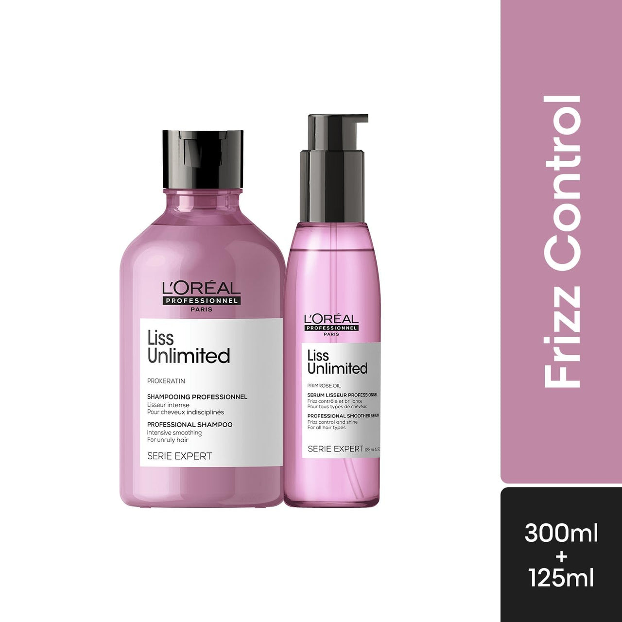 L'OREAL PROFESSIONNEL PARIS Serie Expert Liss Unlimited Blow Dry Serum, 125Ml & Serie Expert Liss Unlimited Shampoo, Controls Frizz Adds Shine With Prokeratin Complex