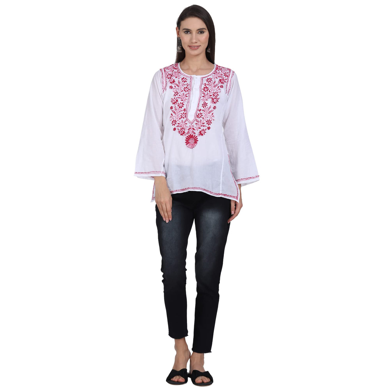 Paramount Women's  Chikankari Cotton White Straight Short Kurta Navy XS