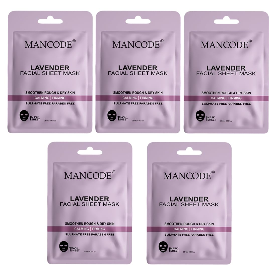 Mancode Lavender Facial Sheet Mask 25ml Promotes Soft and Smooth Skin Firming Cleansing Pore Reducing Brightening and Enhances Daily Glow Korean Sheet Mask for Men Women Sheet Mask Set Combo Pack of 5
