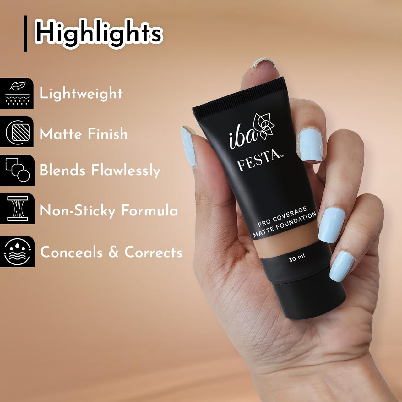 Iba Festa PRO Coverage Matte Foundation - 03 Natural, 30ml | Long Lasting | Lightweight | Oil Free & Matte Finish | 100% Natural Vegan & Cruelty-Free