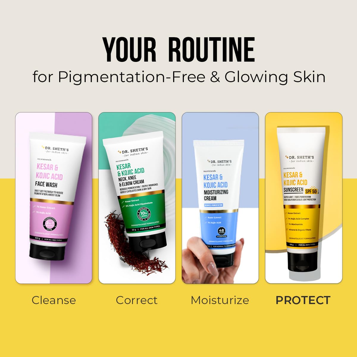 Dr. Sheth's Kesar & Kojic Acid Sunscreen with SPF 50 Pa++++ | For Pigtation-Free Skin | No White Cast & Light Weight | For Daily Moisturization | For All Skin Types | 125 g