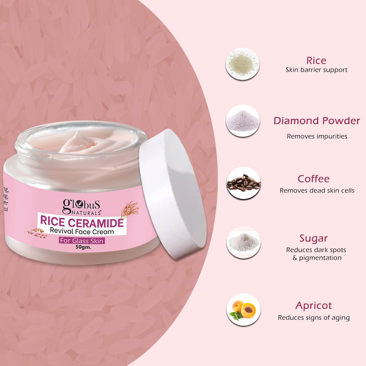 Globus Natural Rice Ceramide Revival Face Cream, Enriched with Sunflower & Coffee, For Glass Skin, 50 gm (Pack of 5)