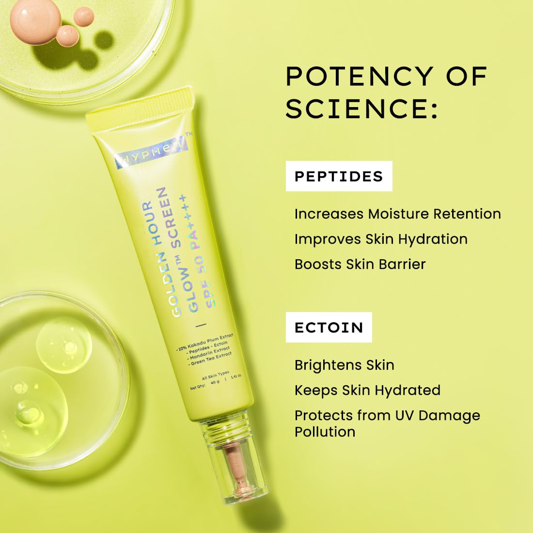 Hyphen Golden Hour Glow Sunscreen Spf 50 Pa++++ Dewy Glow & Bright Skin| Vitamin C Rich-10% Kakadu Plum & Peptides| Women Men|Lightweight & Non Greasy, Uv & Blue Light Protection|All Skin Types - 40G