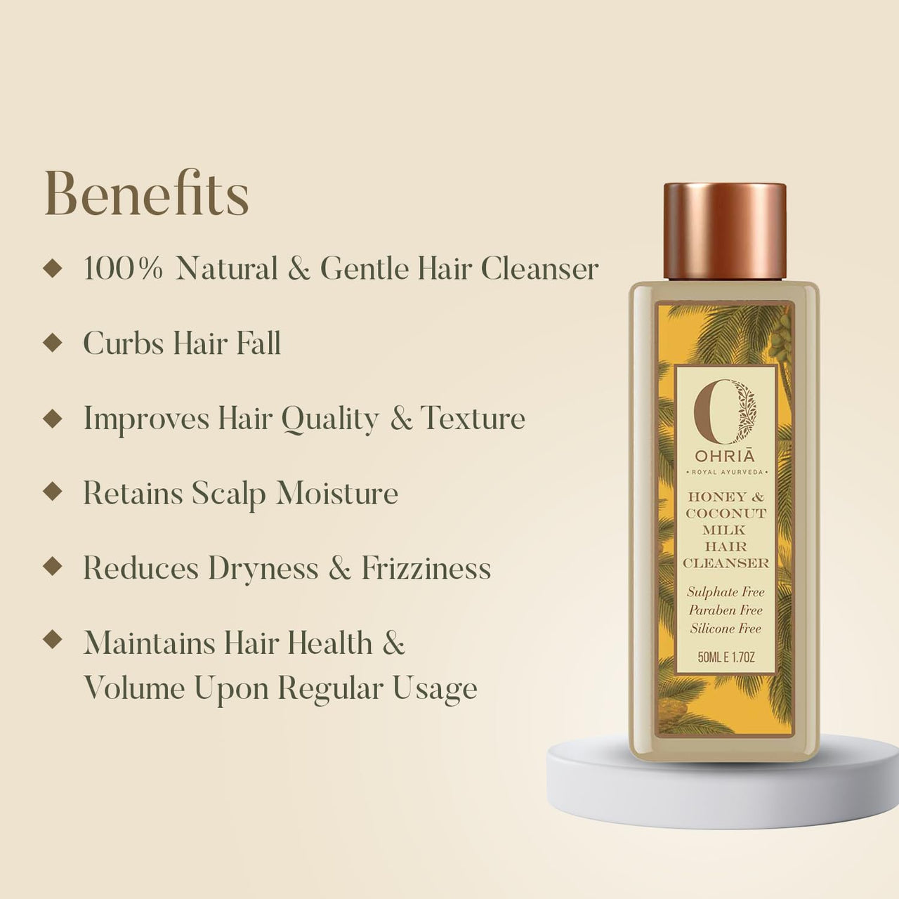 Ohria Ayurveda Honey & Coconut Milk Hair Cleanser | Free from Sulfates, Parabens & Silicones | Ayurvedic Ingredients | Hydrates & Revitalizes Dry, Damaged Hair | For All Hair Types | 50ml