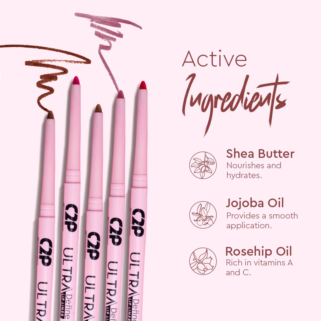 C2P Pro Ultra Define Lip Liner, One Swipe Smooth Application, Matte Finish, Long Lasting, Waterproof & Smudge Proof, Enriched with Jojoba Oil & Shea Butter, 0.27g (Fudge 02-Brown)