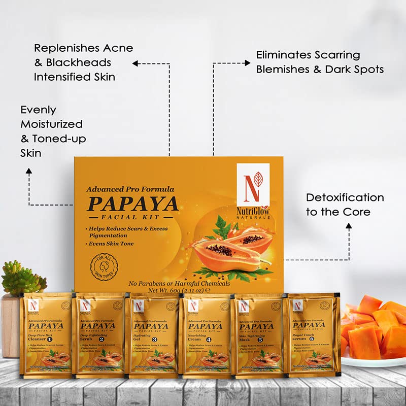 NutriGlow NATURAL'S Advanced Pro Formula Papaya Facial Kit for Glowing Skin Cleanup Kit for Even Skin Tone, 60gm