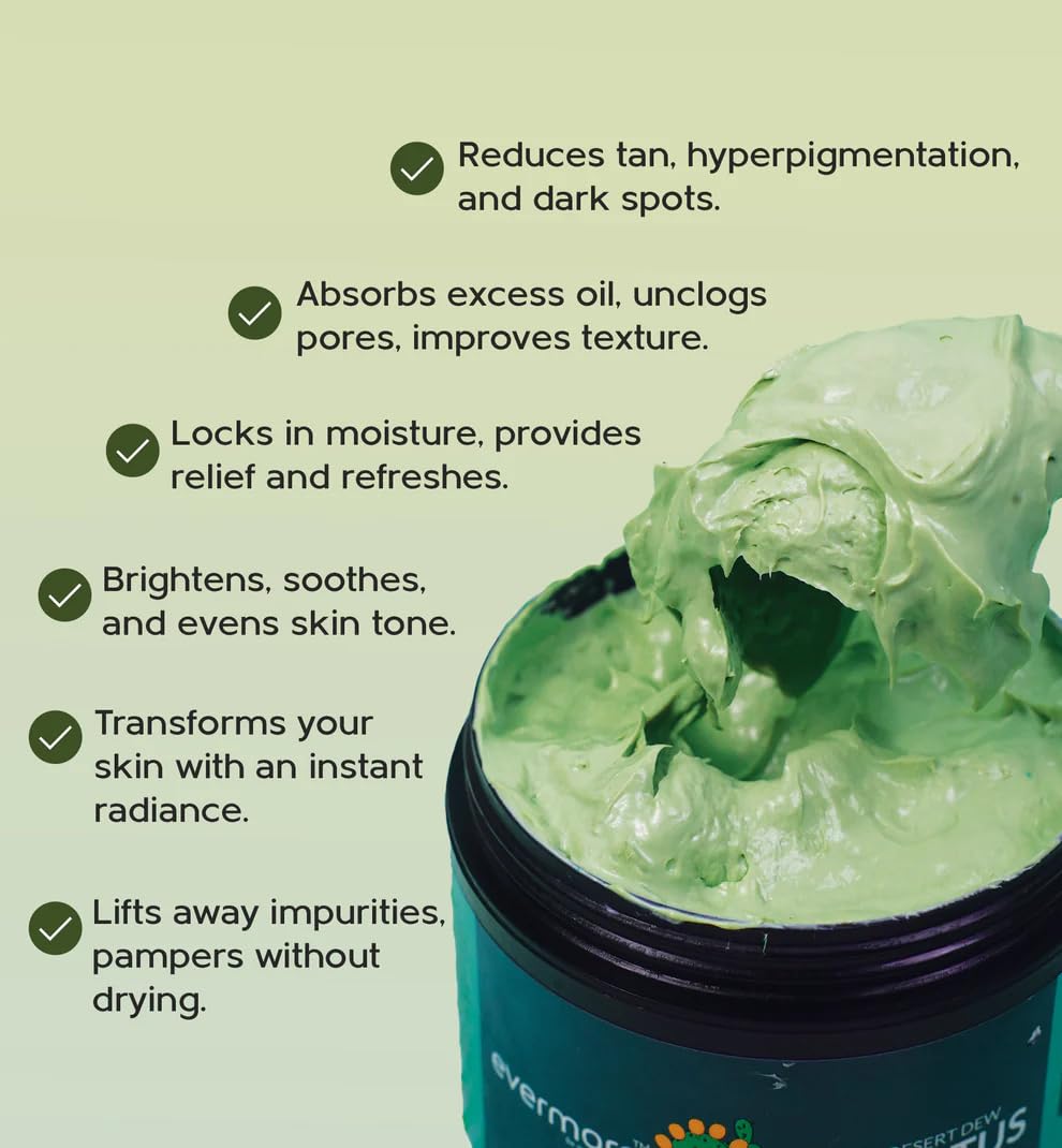 Evermore Mexican Cactus De-Tan Face Mask for Glowing Skin | Kaolin Clay, Kojic Acid, Niacinamide | Removes Tan, Deep Cleanses Pores, Controls Oil, Hydrates & Soothes | For All Skin Types - 100g (Pack of 1)