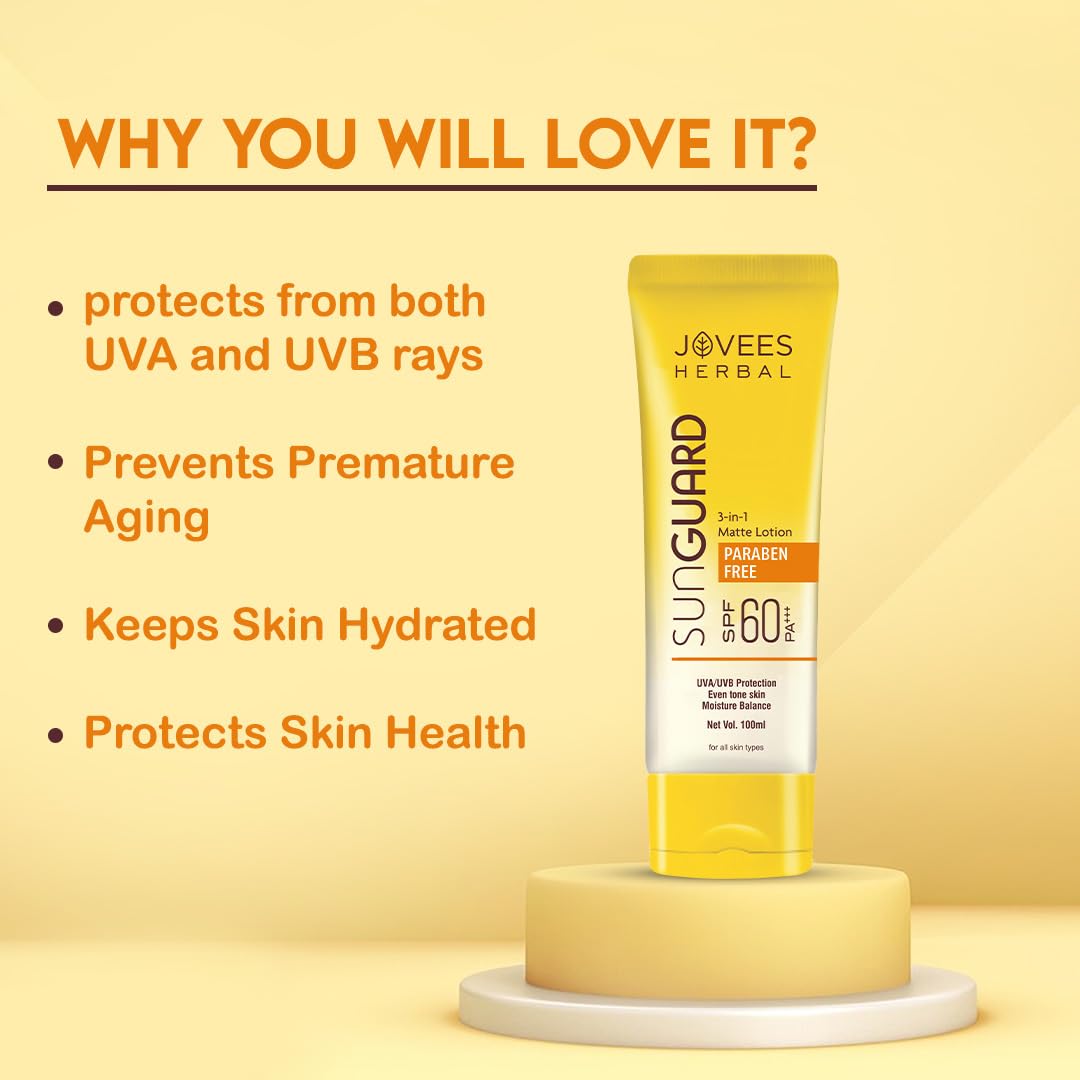 Jovees Herbal Sun Guard Lotion SPF 60 Pa+++ Broad Spectrum For All Skin | 3 in 1 Matte Lotion UVA/UVB Protection, Moisture Balance, Even Tone Skin For Women/Men 100ml (Pack of 2)