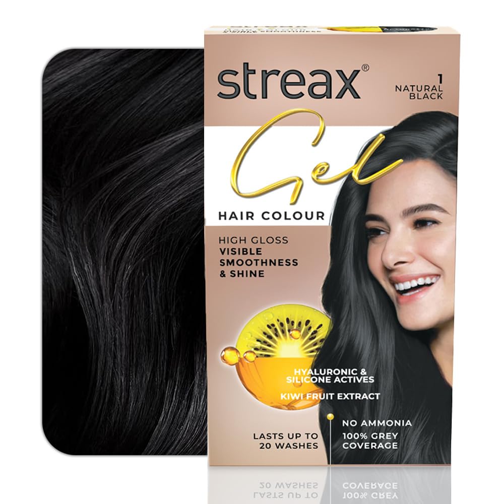 Streax Gel Hair Colour for Women & Men, Natural Black 1, 150 ml I Black I Ammonia Free, Hair Dye |Permanent Hair Colour| 100% Grey Coverage| Brown Hair Color|Lasts Upto 20 Washes