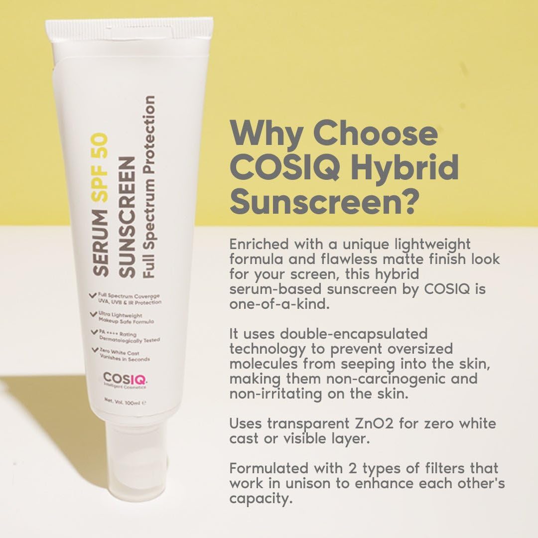 Cos-IQ India’s Only Hybrid, Serum-Based Sunscreen - SPF 50 | No White Cast | Broad Spectrum PA ++++ | For Women & Men (200ml, 60 Days Pack)