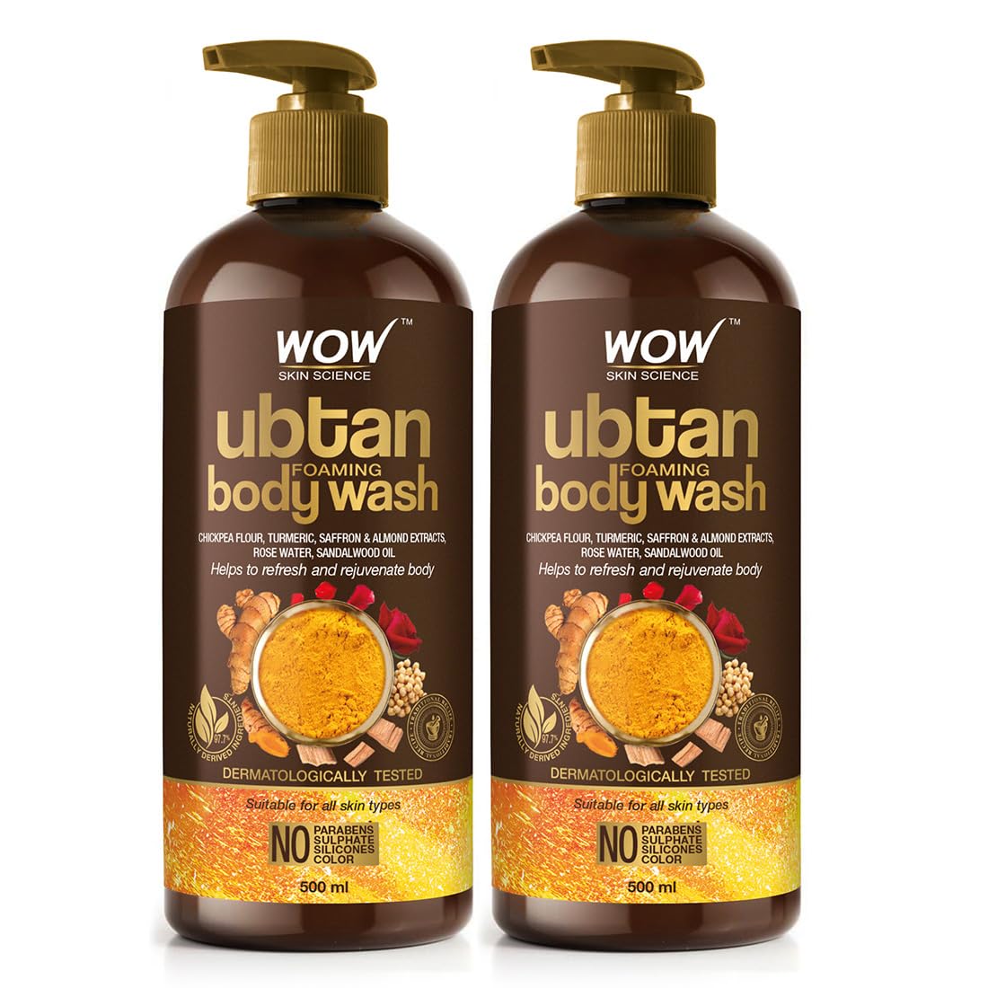 WOW Skin Science Ubtan Body Wash | Tan Removal And Glowing Skin | With Chickpea Flour, Almond, Safron & Turmeric Extract | 500 Ml | Pack of 2