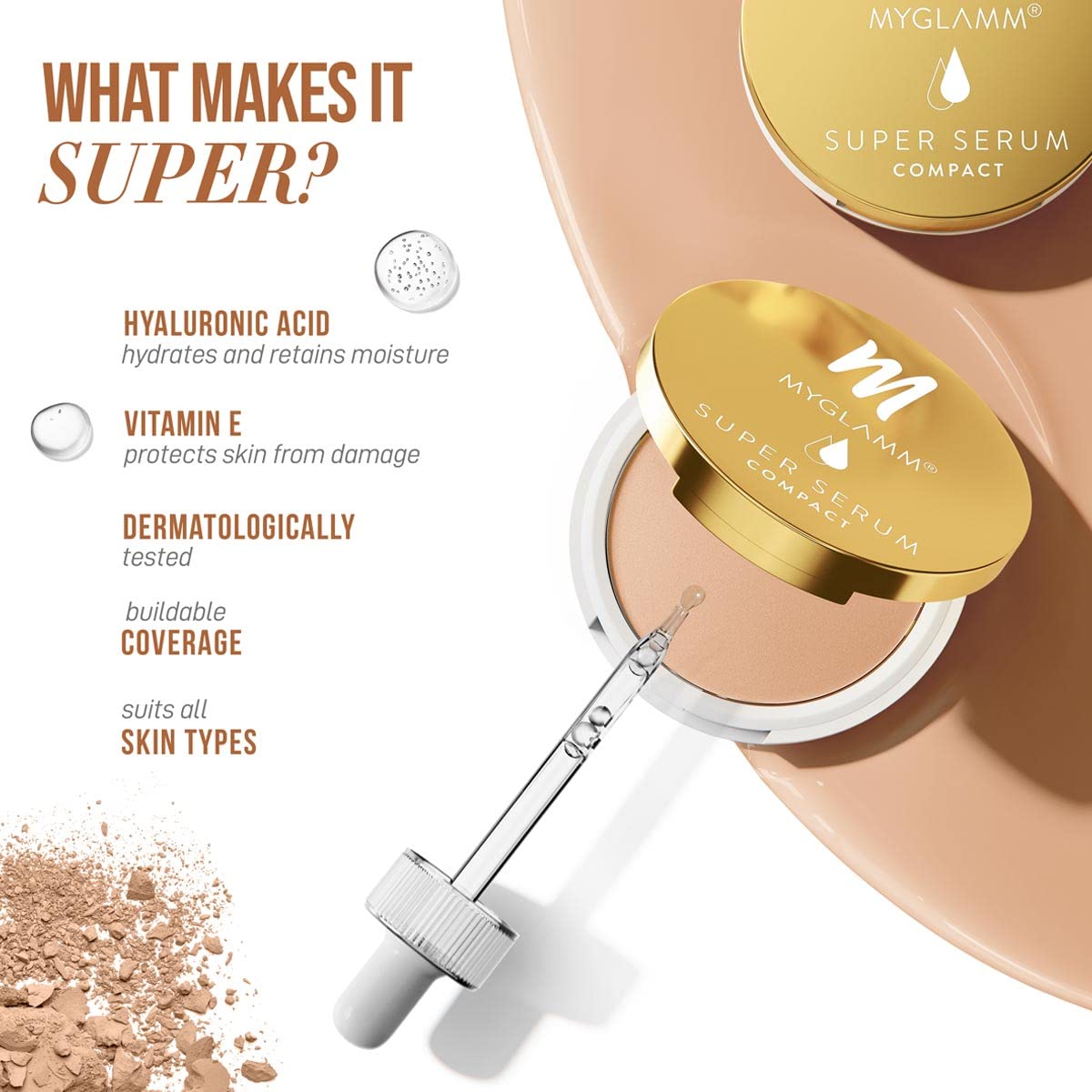 MyGlamm Super Serum Compact - 102W Beige, 9g | Infused With Hyaluronic Acid & Vitamin E | Matte Finish Compact Powder | All Skin Types