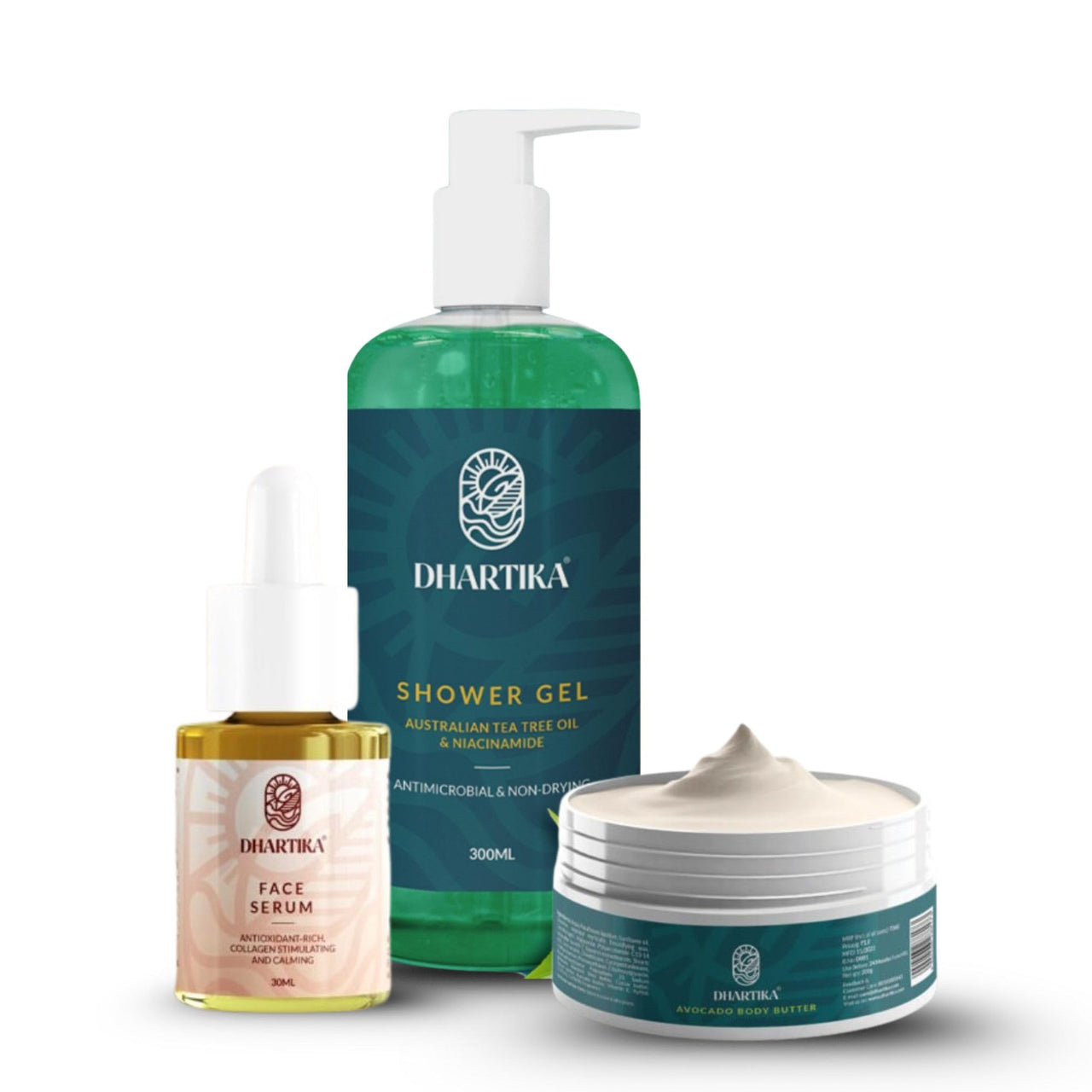 Refresh & Nourish Combo – Dhartika Face Serum + Tea Tree Oil Shower Gel + Avocado Body Butter | Purifying, Hydrating & Rejuvenating Skincare Set | Anti-Aging, Acne Control & Deep Moisturization | For All Skin Types | Unisex