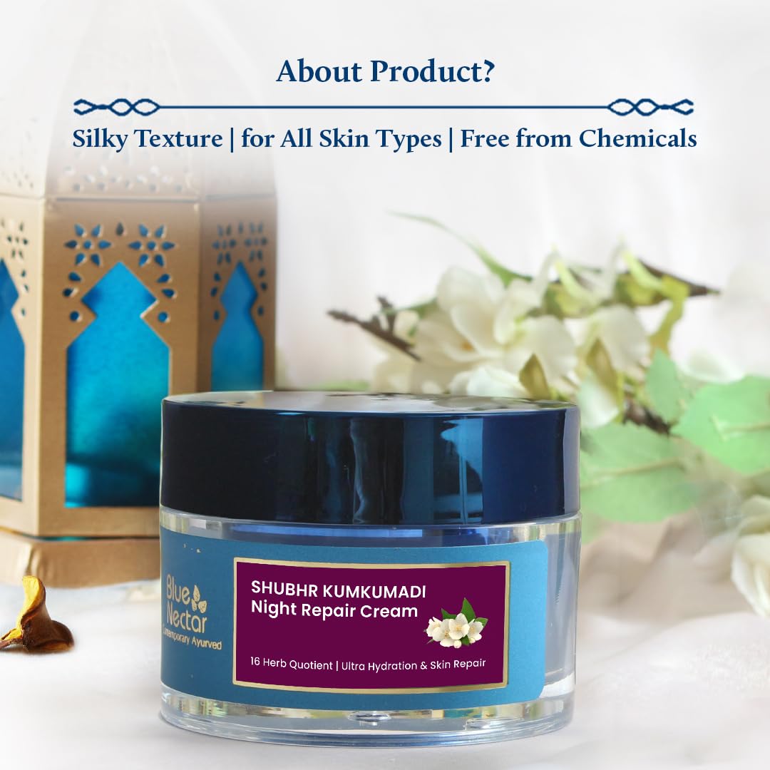 Blue Nectar Kumkumadi Night Cream for Women for Glowing Skin Plant Based Brightening Night Cream for Oily Dry Combination Skin (16 Herbs, 50g)
