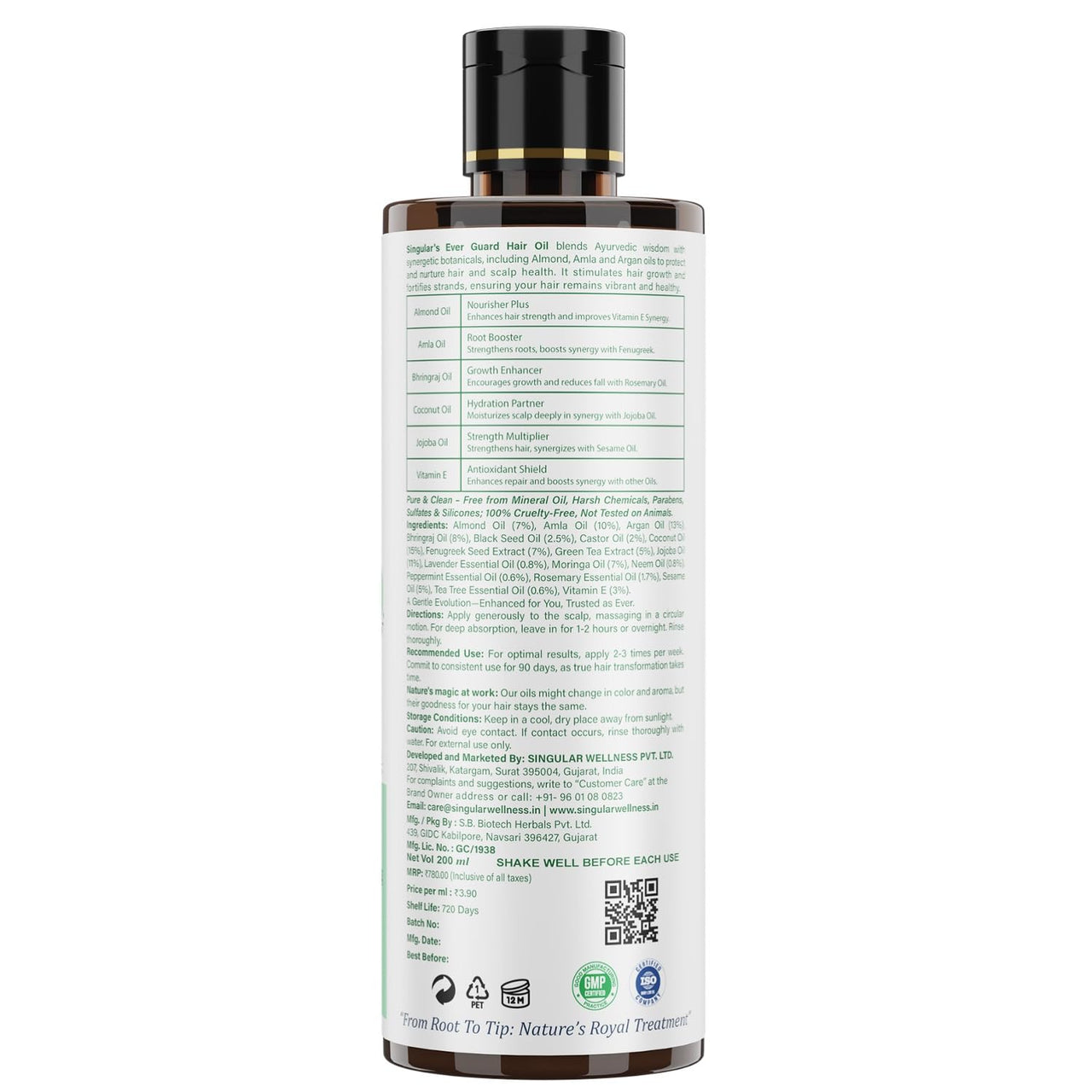 Singular Ever Guard Hair Oil for Men & Women | Hair Growth & Hair Fall Control | Cold-Pressed Blend of Argan, Almond, Bhringraj, Rosemary Oil & Vitamin E (200 ml)