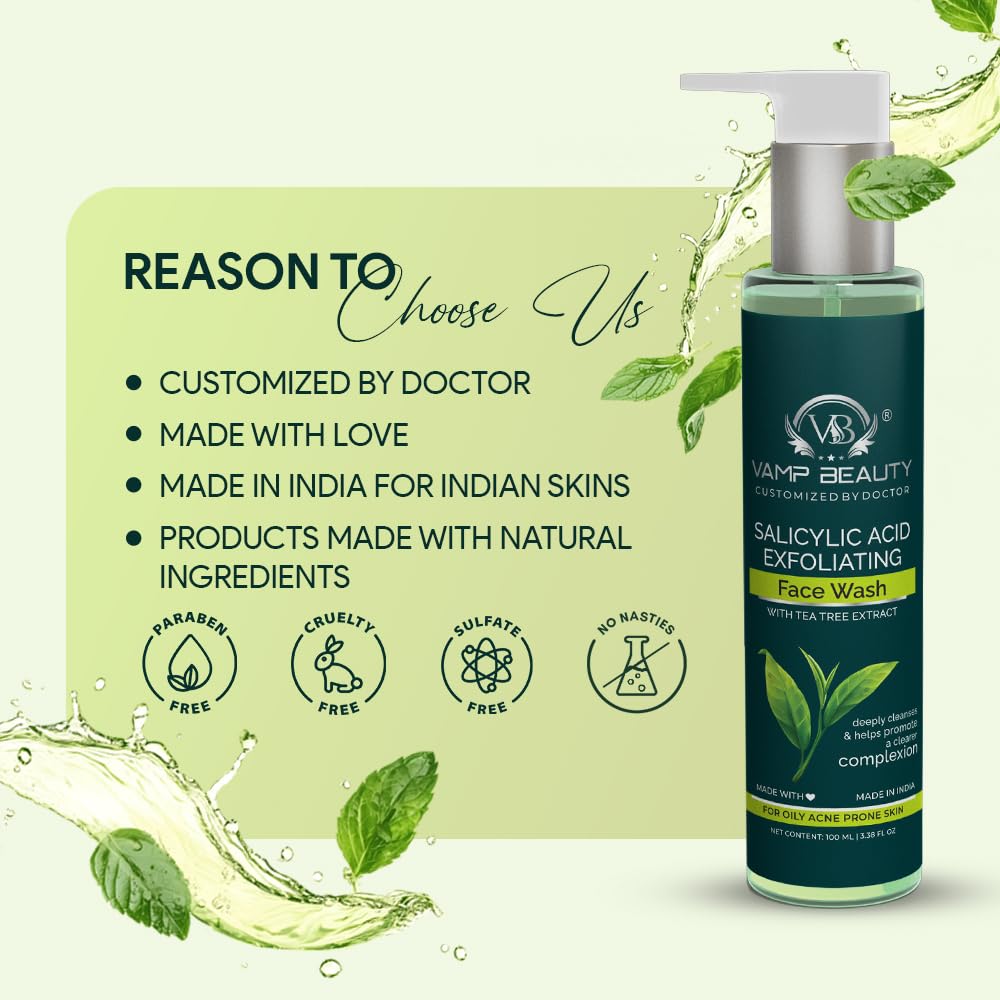 Vamp Beauty 0.5% Salicylic Acid Face Wash for oily acne prone skin with Tea Tree | Oil Control & Pore Cleansing | Gentle Exfoliating Cleanser for Acne-Prone Skin | 100 ml