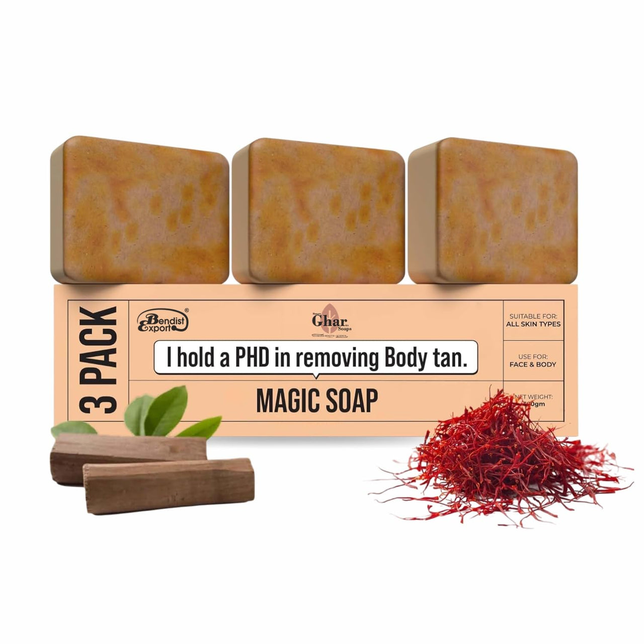 Bendist Export® Hamare Ghar Ka Soaps Sandalwood & Saffron Magic Soaps For Bath | Paraben Free | Chandan & Kesar Bath Soap | Handmade Soap For Glowing | Skin Brightening For Men & Women (100 Gms Pack Of 3)