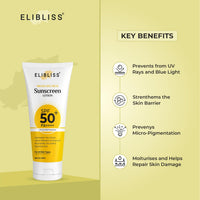 Elibliss Eco Glow Sunscreen Lotion SPF 50+ PA+++ | Broad Spectrum UVA & UVB Protection with Vitamin C & Niacinamide | Non-Greasy, All Skin Types - 50ml