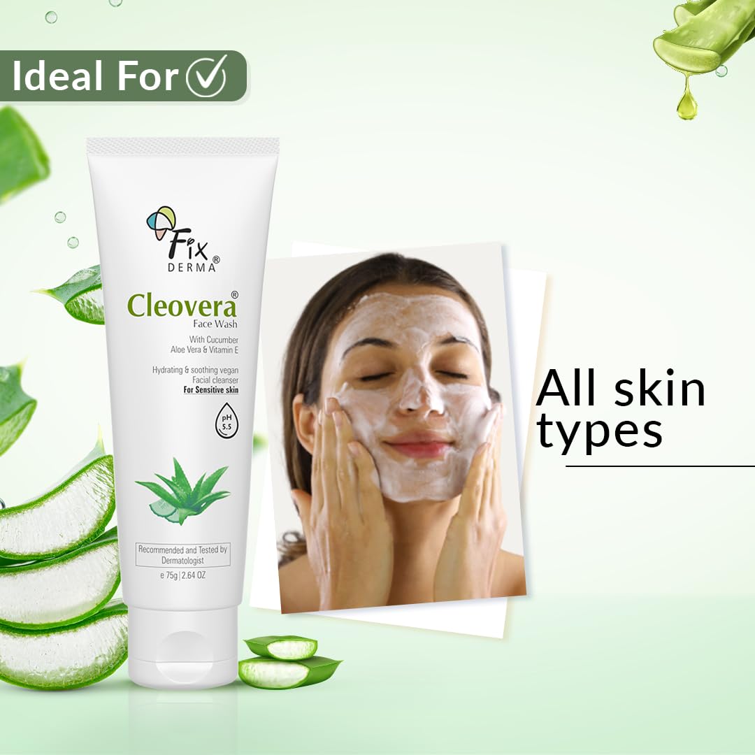 Fixderma Cleovera, Aloe Vera Face Wash with Vitamin E | Aloe Vera Gel for Face | Face Wash & Face Cleanser | Face Wash for Dry Skin (All Type Skin) | Face Wash for Women & Men - 75g