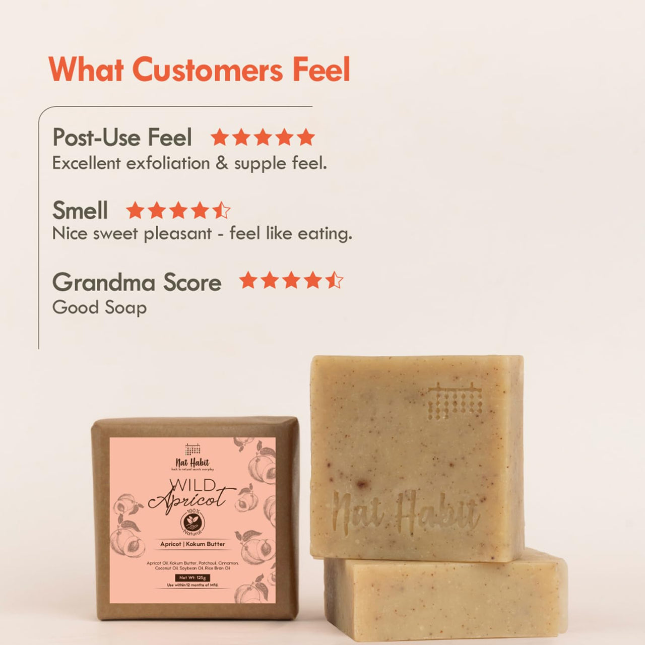 Nat Habit Wild Apricot Bath Soap - Enriched With Vitamins C, Ayurvedic Cold Processed For Exfoliation, Cleansing & Nourishing (125 gm)