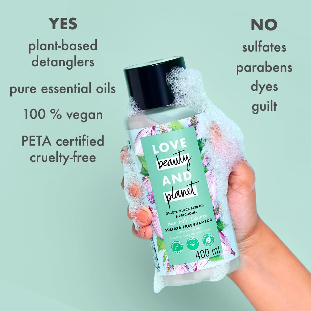 Love Beauty & Planet Onion Oil|| Blackseed Oil & Patchouli Sulfate Free Hairfall Control Shampoo|| No Parabens|| No Dyes|| Patchouli Essential Oil|| 400 ml