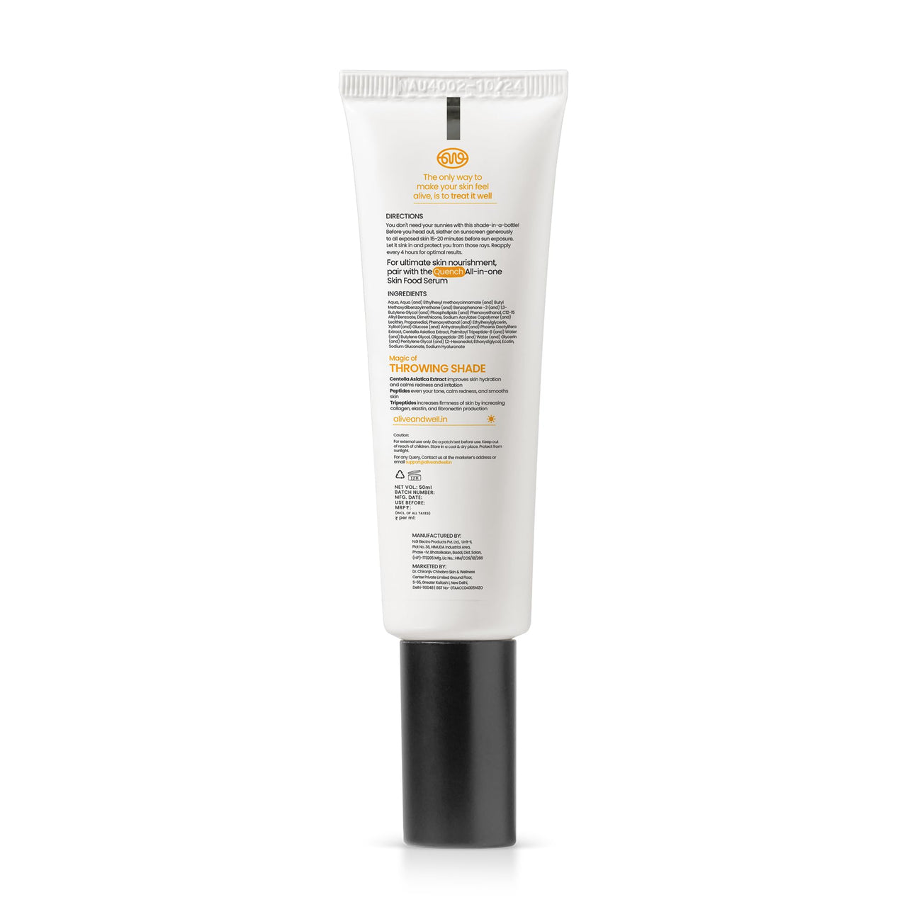 Alive & Well Throwing Shade SPF 50 PA++++ Lightweight Fast Absorbing Sunscreen, Crafted By Dermatologists for UVA/UVB Protection, No White Cast, Non Greasy, All Skin Types - 50ml