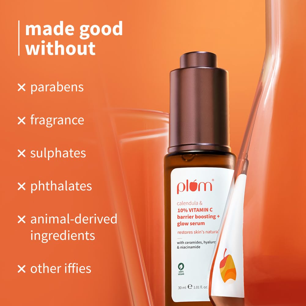 Plum Calendula & 10% Vitamin C Barrier Boosting + Glow Serum | Boosts glow | Ceramides strengthens skin barrier | Niacinamide fights pigmentation & dark spots | Non-irritant| Men & Women | For all skin types | 30ml