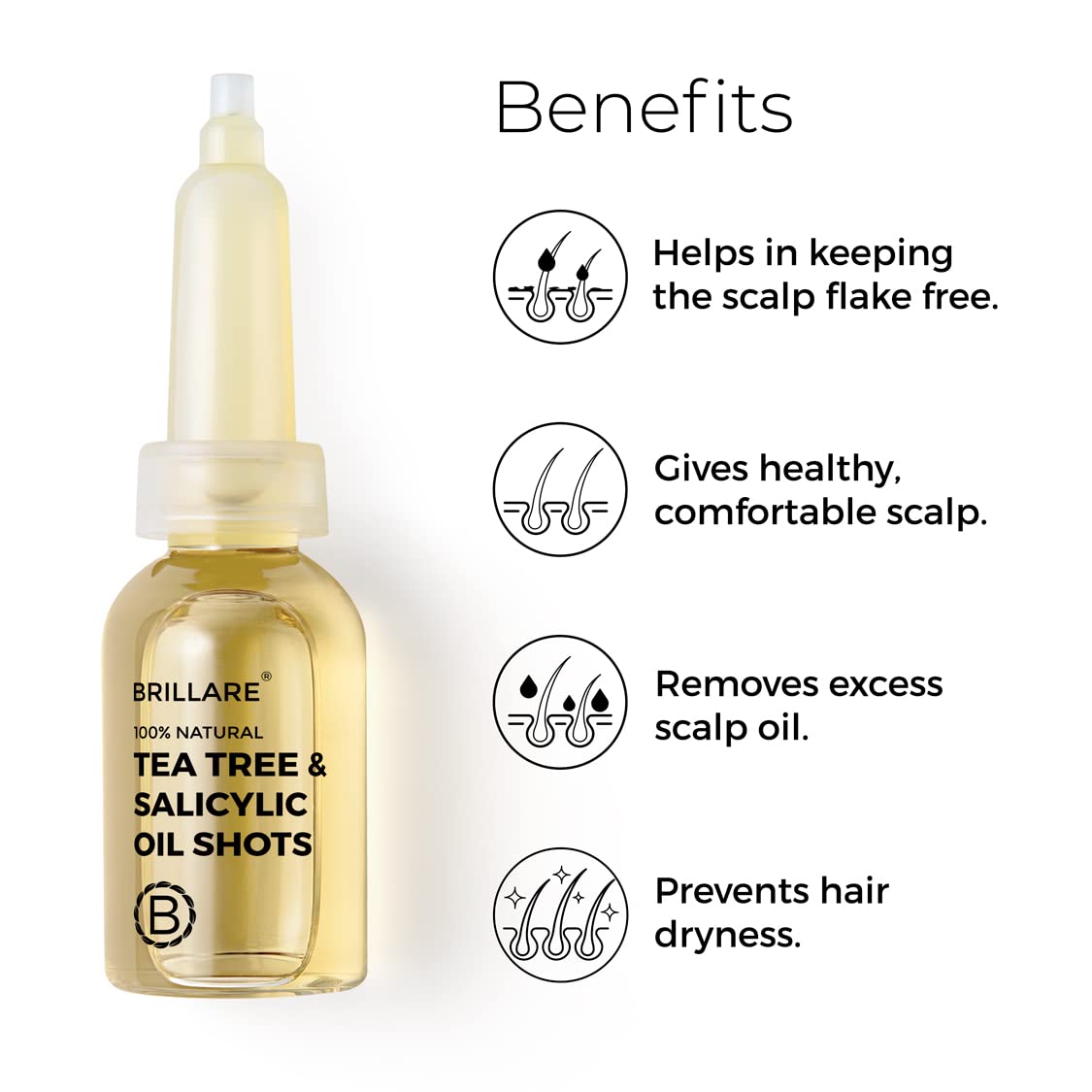 Brillare Tea Tree, Salicylic Acid & Coconut Shots, Light Oil for Summer, Best for Dry & Itchy Scalp, Dandruff Control, Reduces Excess Scalp Oil, 100% Natural Summer Hair Treatment, 48ml
