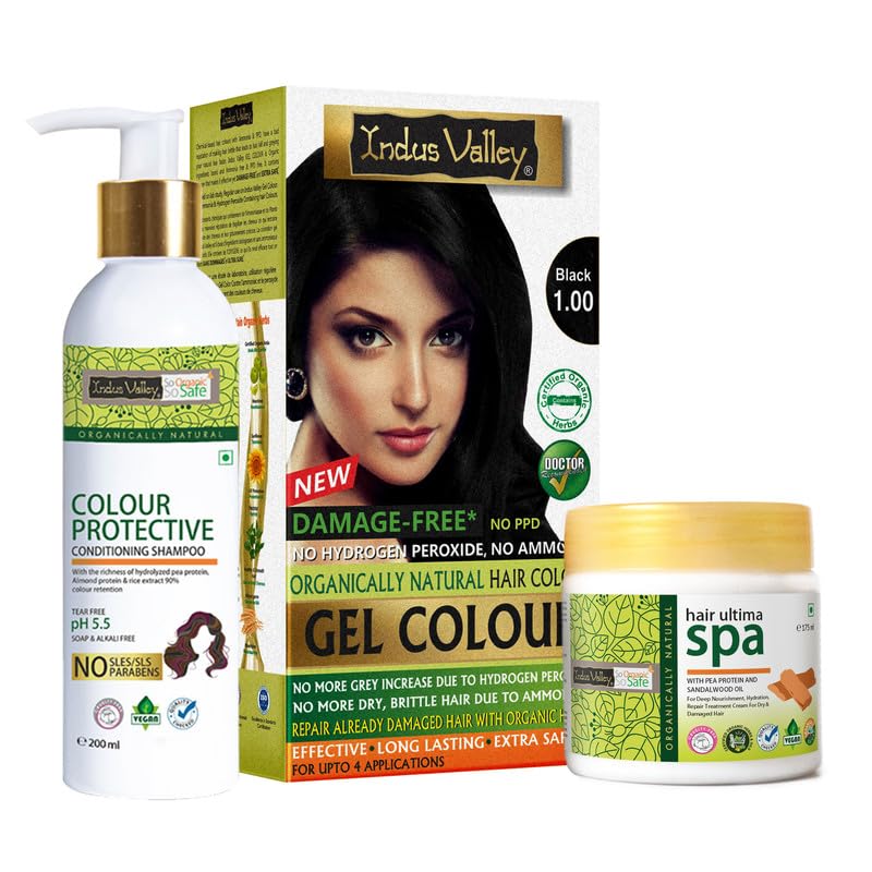 INDUS VALLEY Natural Damage Free Gel Black Colour With Colour Protection Shampoo (200 ml) + Hair Ultima Spa (175 ml)