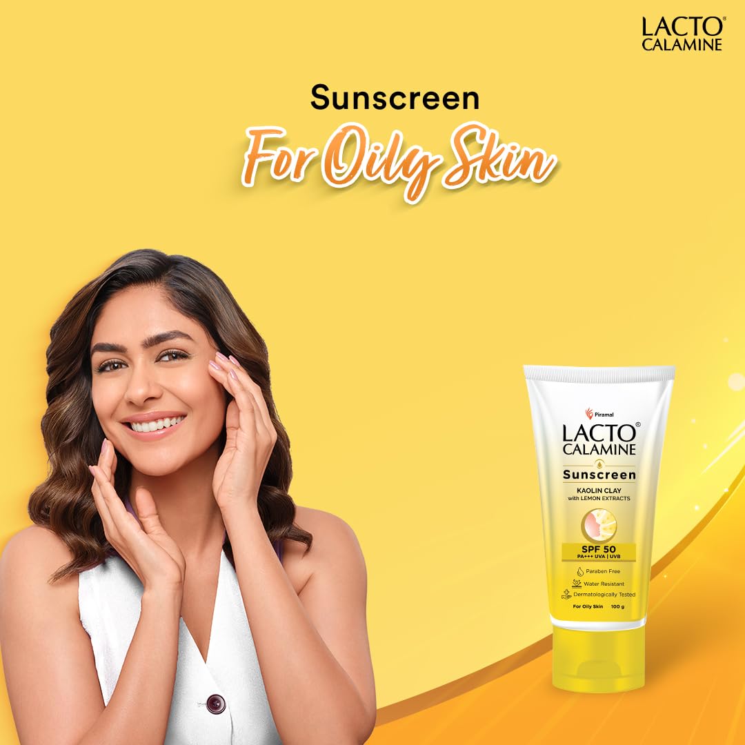Lacto Calamine Sunscreen SPF 50 | 100g | PA +++ Sunscreen For Oily Skin | UVA – UVB Sunscreen | Water Resistant & No White Cast | With Kaolin Clay, Vitamin E & Lemon Extracts | Paraben Free (100 g)