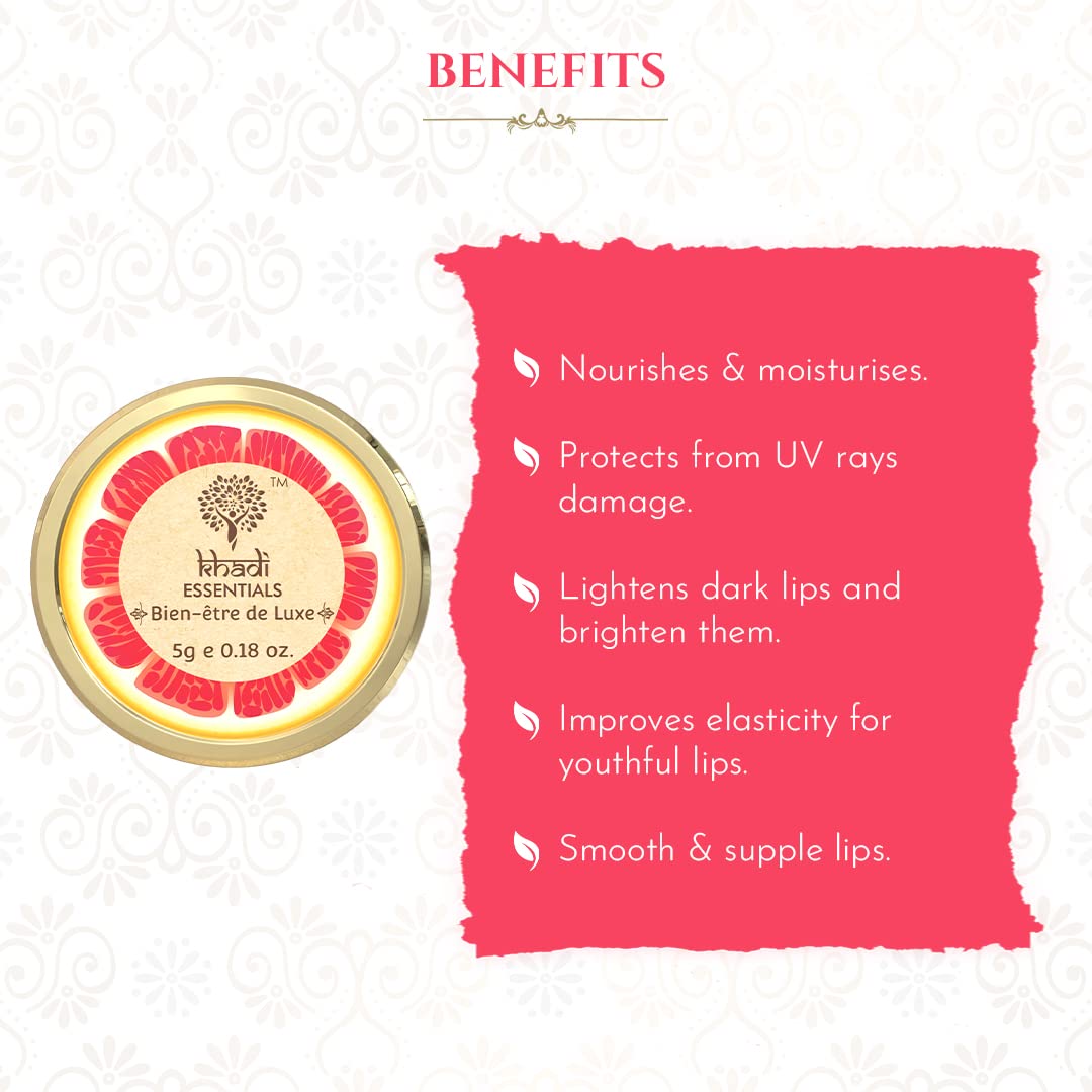 Khadi Essentials Beetroot Lip Balm with Wine Grapefruit, Lotus Flower, Shea Butter, Coconut Oil, For Dry Damaged and Chapped Lips, SLS Paraben-Free Lip Lightening Balm - 5gm