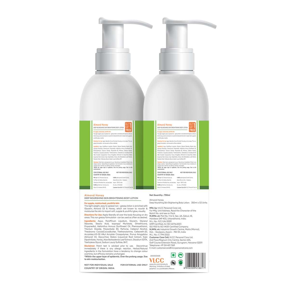 VLCC Almond Honey Deep Nourishing & Skin Brightening Body Lotion - 350ml + 350ml | Buy One Get One | Deep Nourishment, Glowing & Youthful Skin | With Almond Oil, Honey, Cocoa Butter & Aloe Vera.