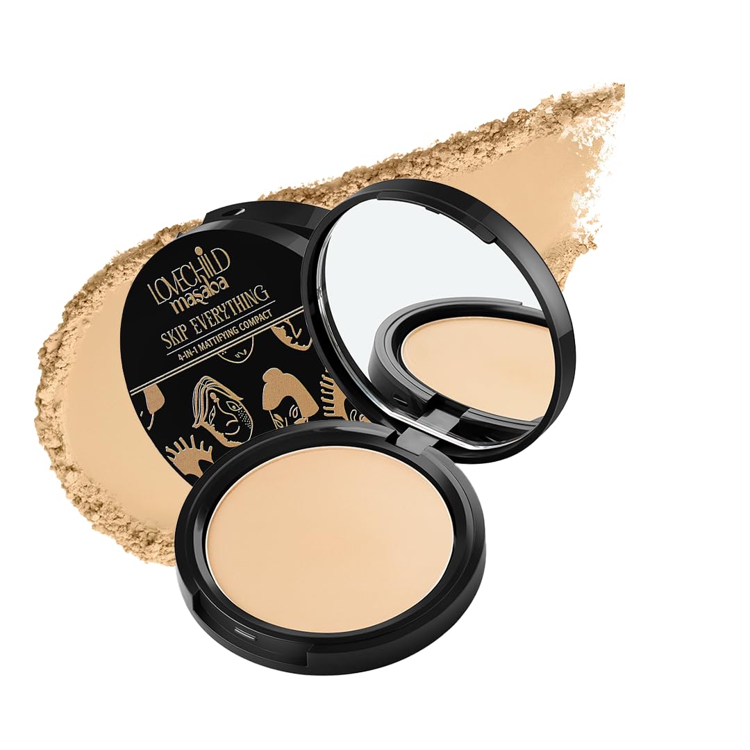 Lovechild Masaba 4-In-1 Mattifying Compact - Perfect All Skin Matte Coverage, Moisturizer, Primer & Skin Repair, With Macadamia Oil & Vitamin E, Delicate Darling (Light) - 9G